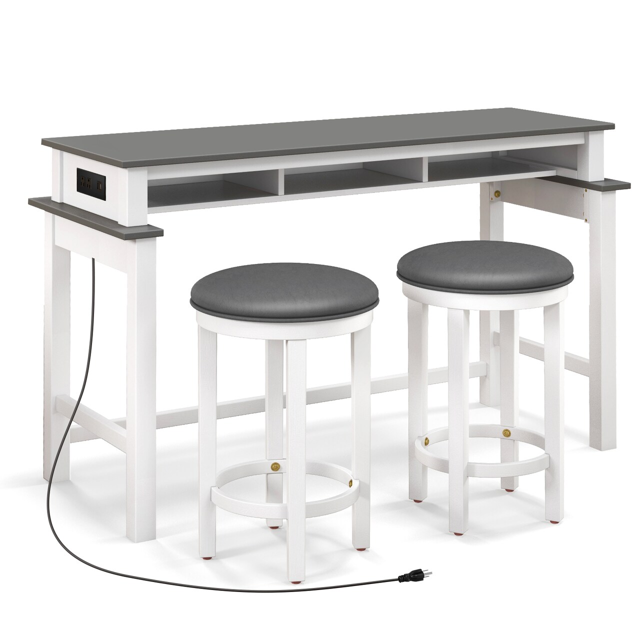 3-Piece Home Bar Set with 2 Upholstered Bar Stools Outlets and USB Ports